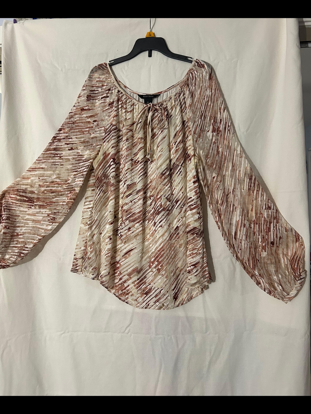 White House Black Market Cream and Brown Printed Tie-Neck Blouse